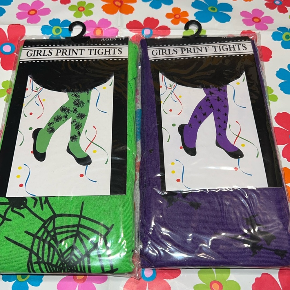New Two Pairs Girls Green Spider & Purple Witch Print Tights Costume Ages 3+ (A)